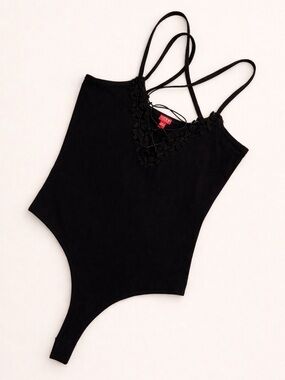 Guess Black Strappy Bodysuit with Floral Lace V-Neck